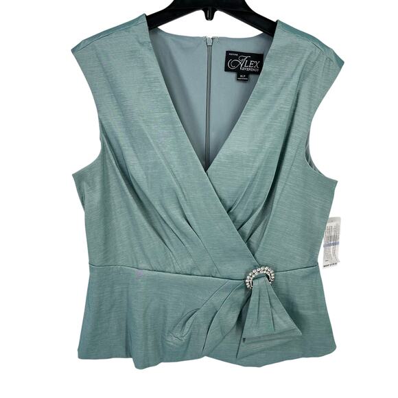 Alex Evenings Faux Wrap Pleated Sleeveless Top Rhinestone Buckle Sz XLP Sage - Picture 1 of 6
